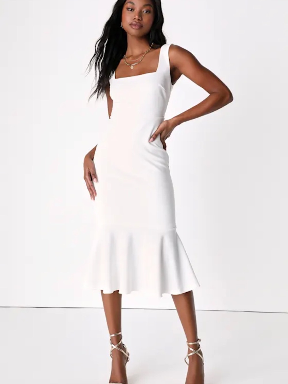 Lulus Moment Maker White Square Neck Trumpet Midi Dress